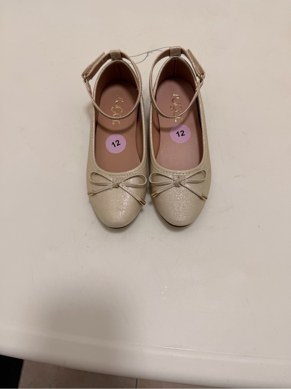 Sugar Girls Shimmery Ivory Ankle-Strap Ballet Flats with Bow